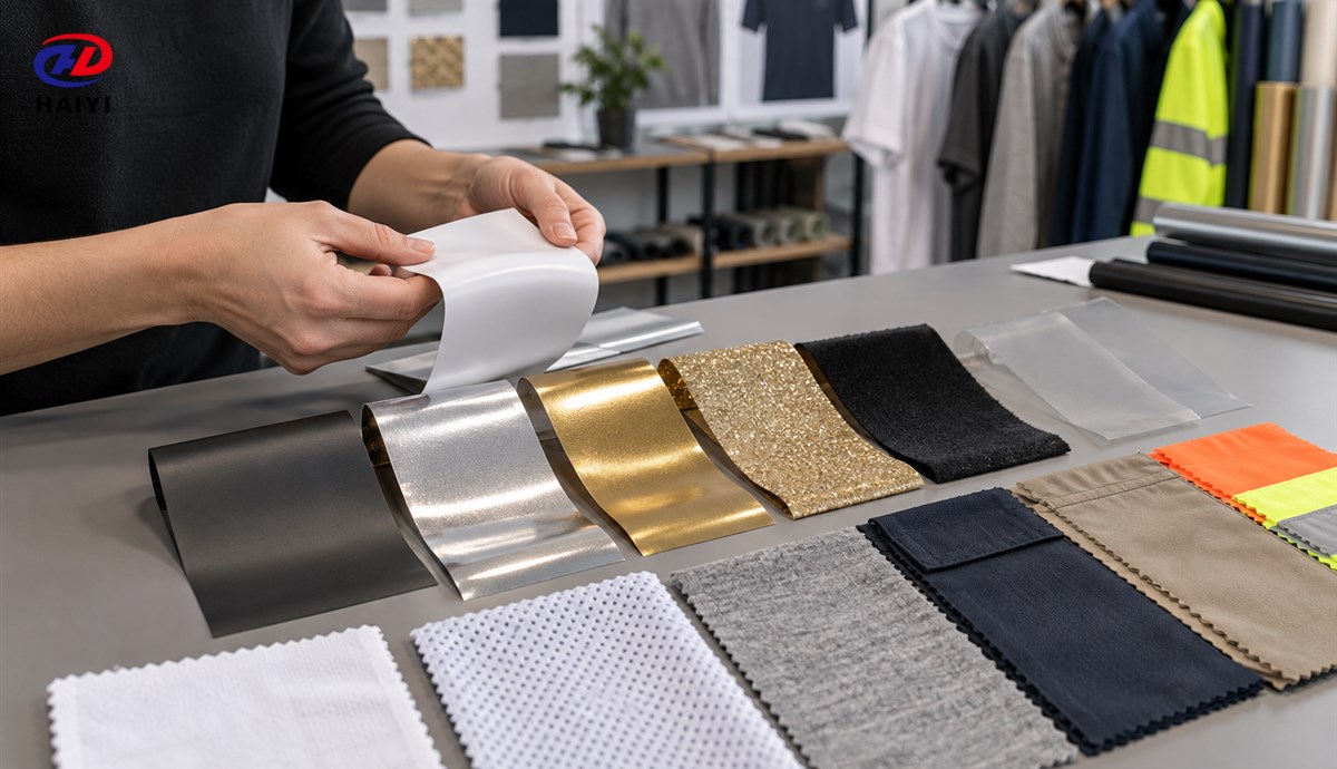 Specialty heat transfer vinyl types with fabric samples