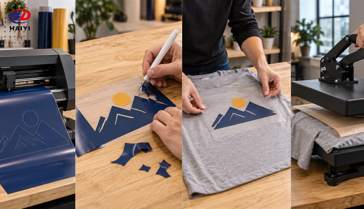 Heat transfer vinyl cutting weeding positioning and pressing workflow