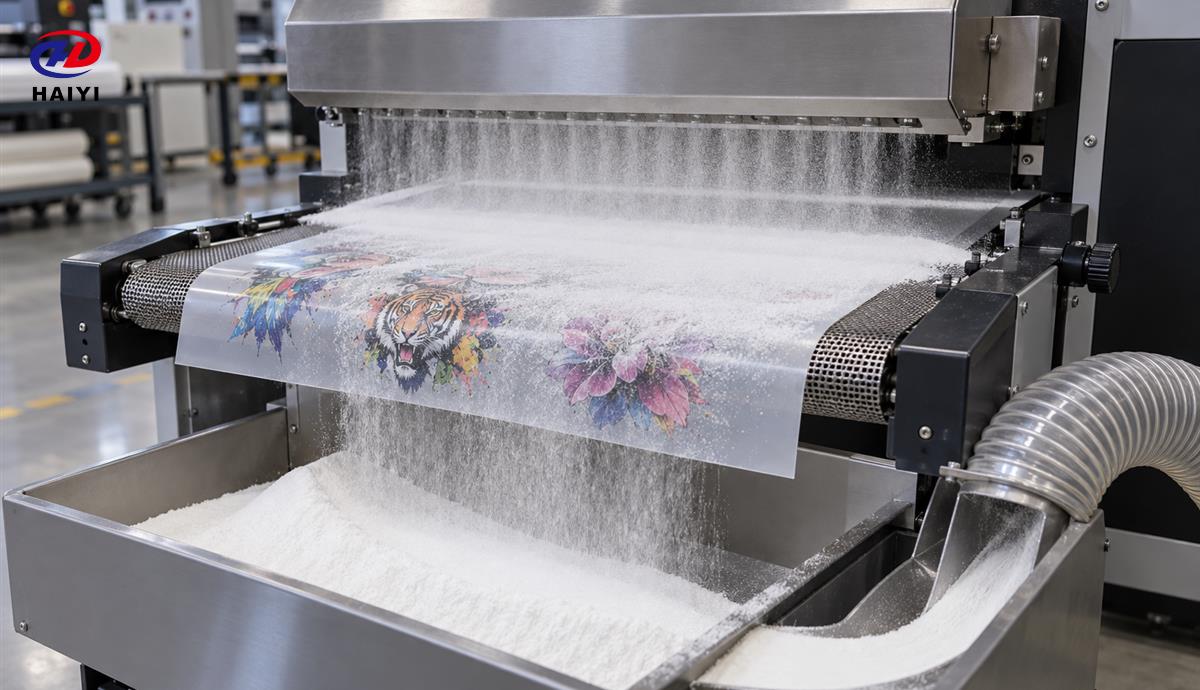 Automatic shaker applying even hot melt powder to printed DTF film