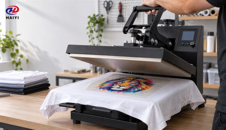 Heat press applying a DTF transfer to a cotton shirt