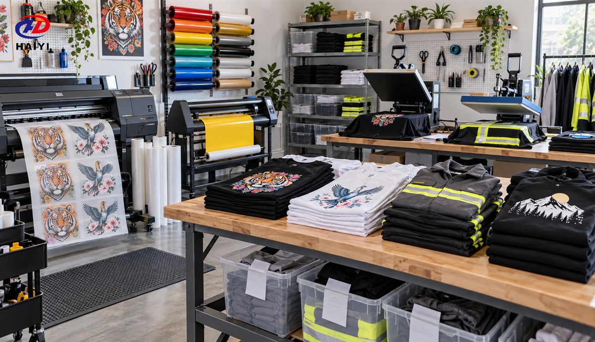 Garment decoration shop using DTF printing and heat transfer vinyl