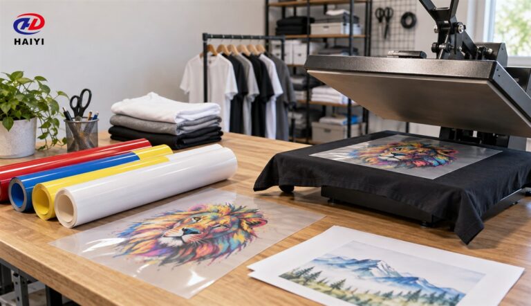 DTF film and other garment heat transfer materials in a workshop