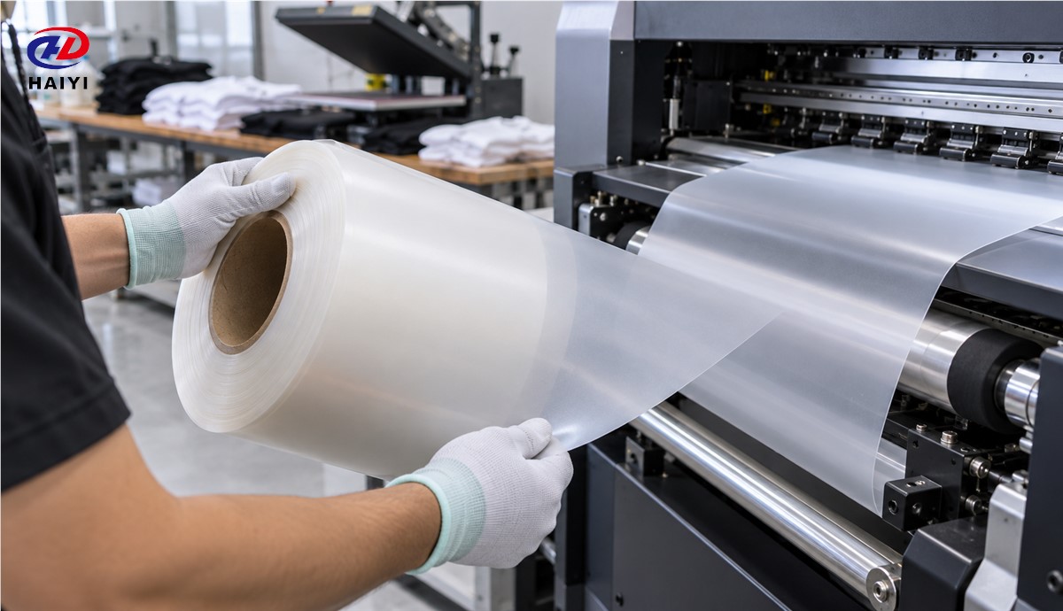Operator inspecting the back surface and feed path of a DTF film roll