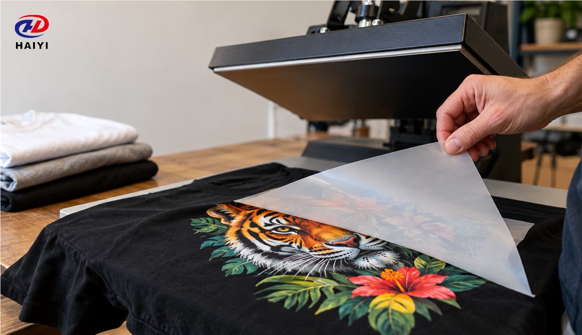 Technician evaluating DTF carrier release after heat pressing a garment