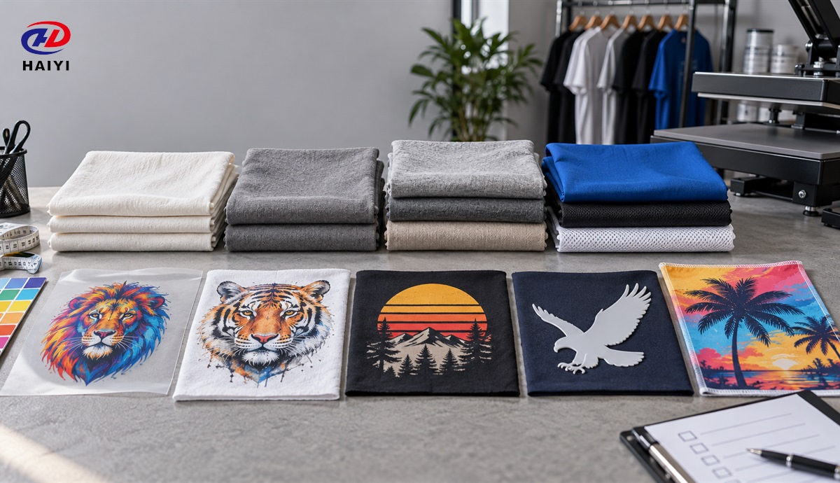 Fabric and print samples for selecting a garment decoration method