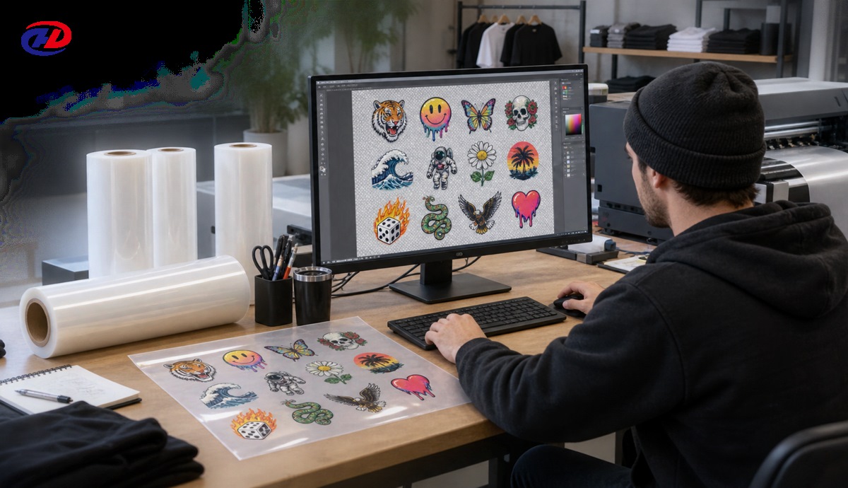 DTF gang sheet preparation at a production workstation