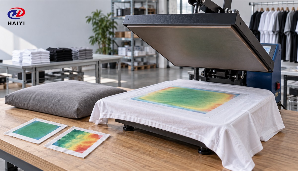 Uniform heat press pressure test with garment and pressing pillow