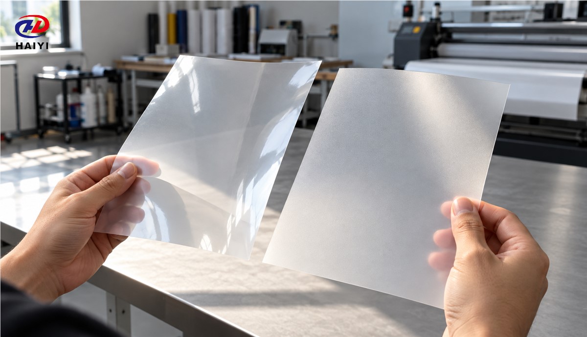 Comparing matte and glossy faces of translucent DTF film under angled light
