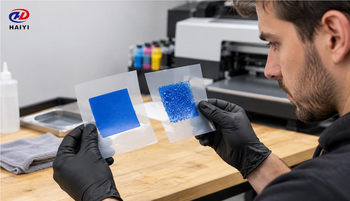 Small DTF film test strips with controlled ink patches to identify printable side