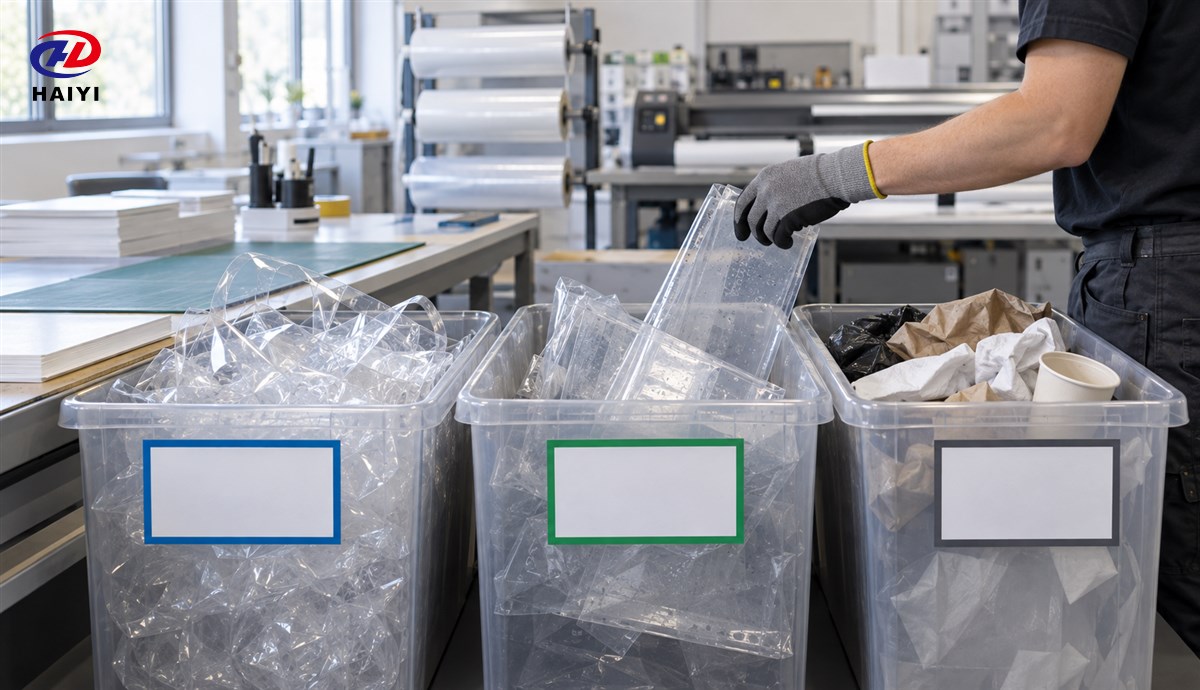 Used PET carrier film and clean offcuts separated at a print shop waste station