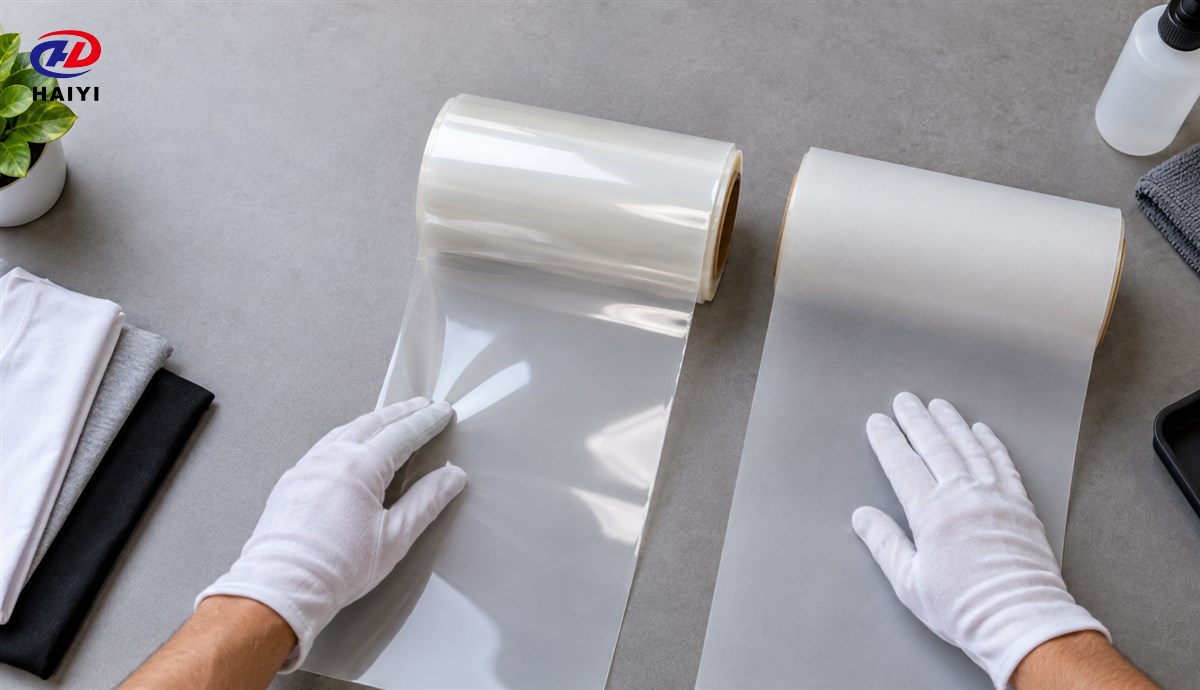 Glossy and matte DTF film surfaces compared on a clean workbench