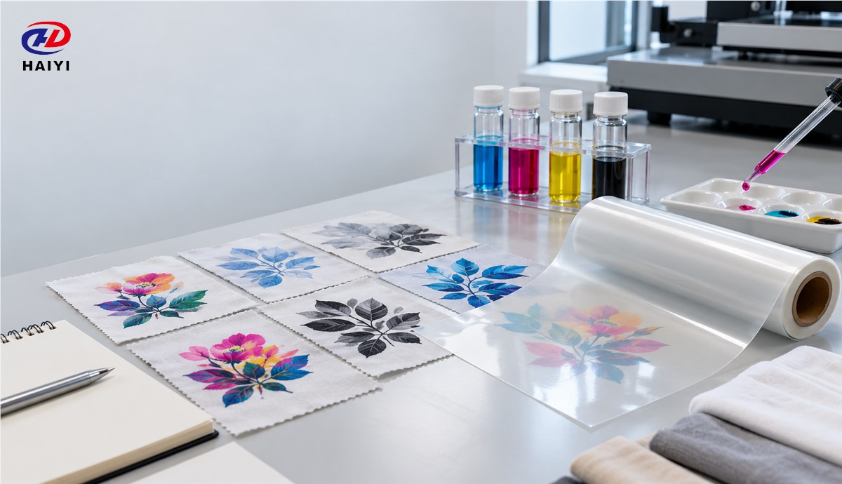 Technician testing sublimation ink compatibility with coated DTF PET film