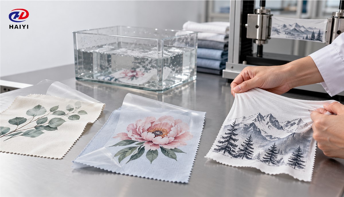 Fabric transfer swatches inspected for wash and stretch durability
