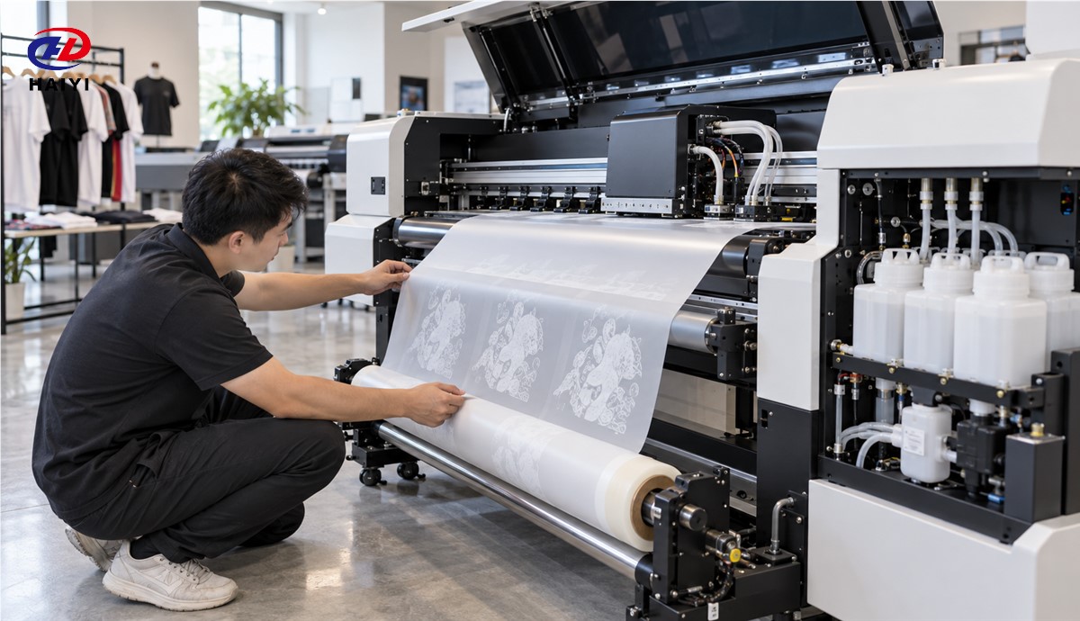 Technician checking DTF film feed alignment on a roll-fed printer