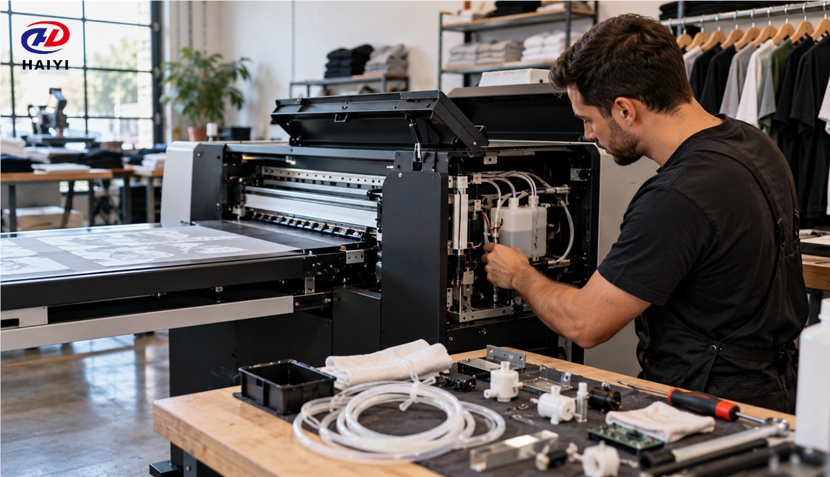 Printer service technician inspecting maintenance access and white ink system