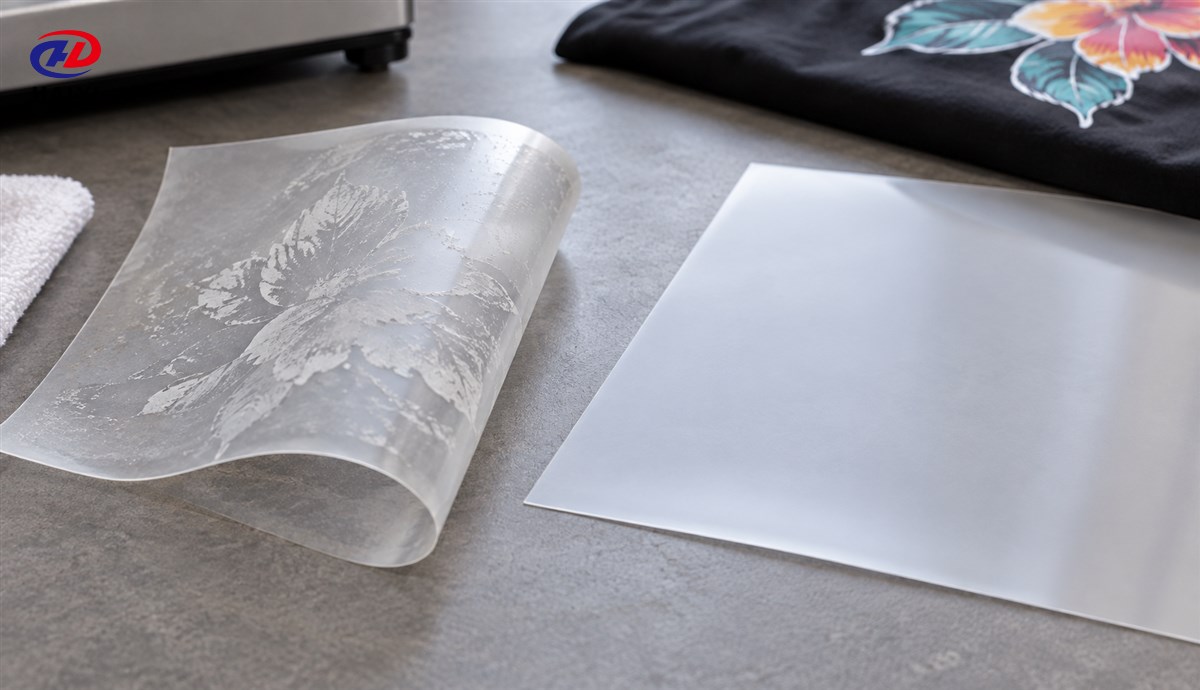 Used curled DTF carrier film beside a clean unused film sheet