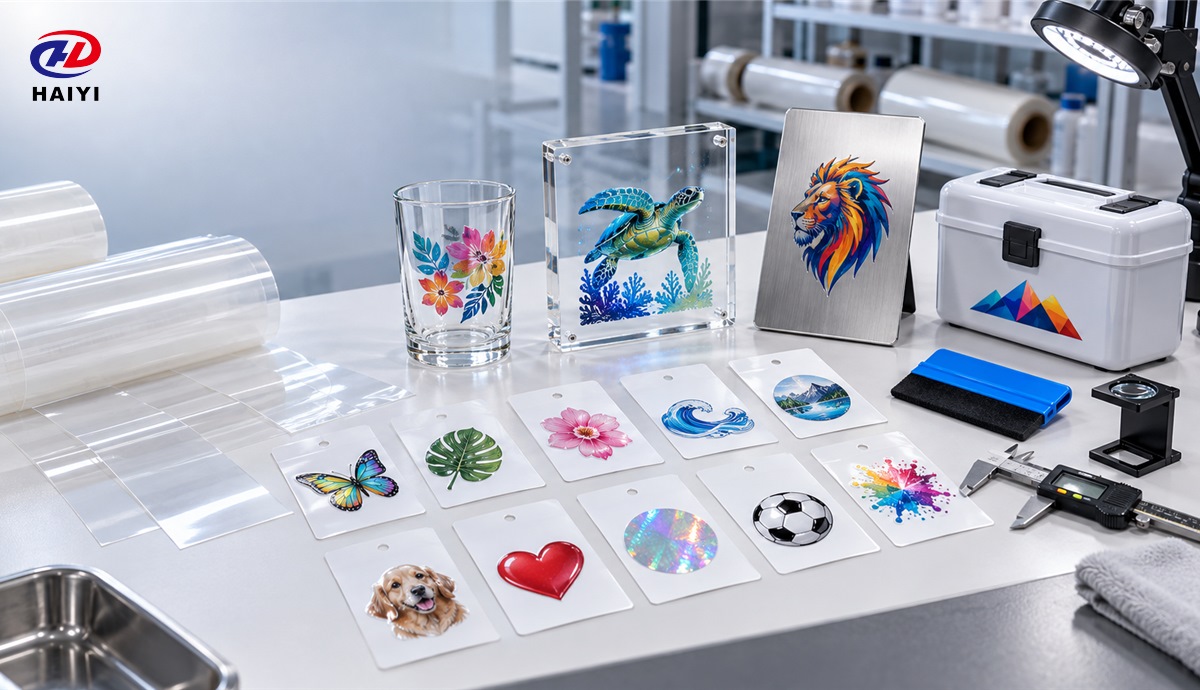 UV DTF film samples tested on glass acrylic metal and plastic