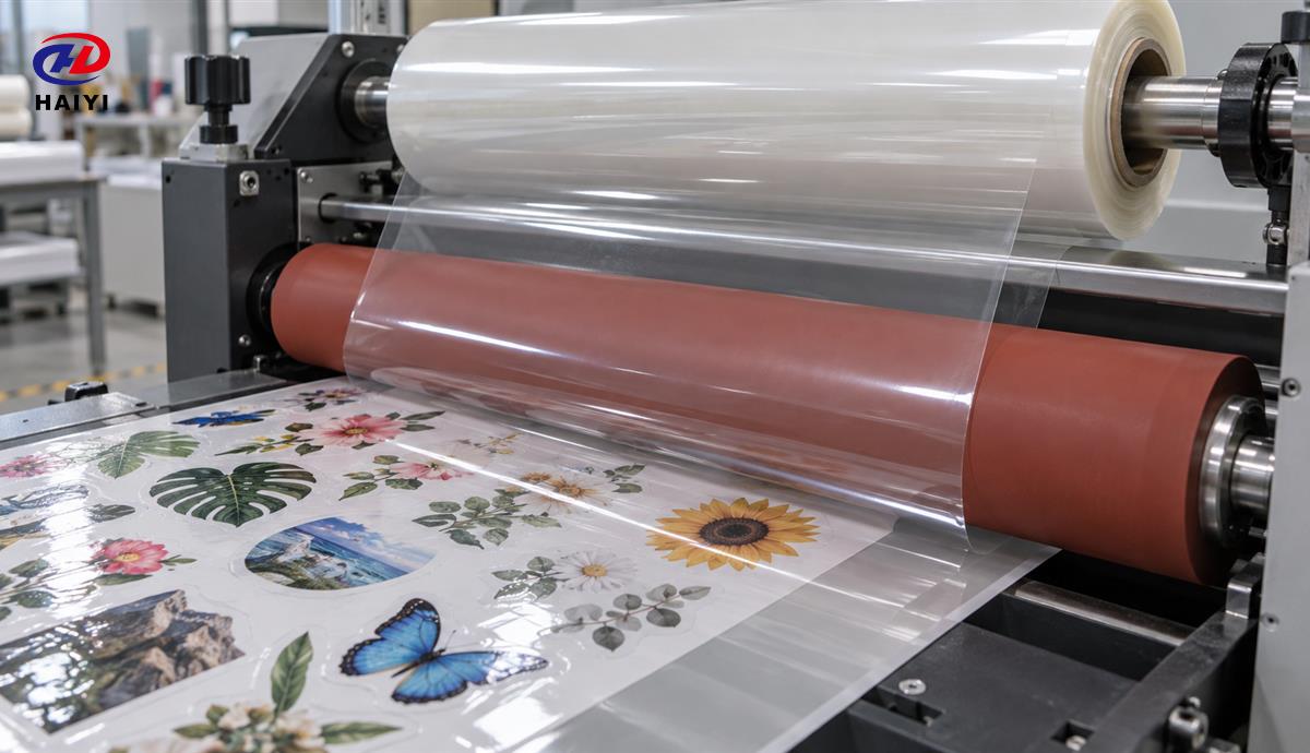 Printed UV DTF A film and clear B film entering an aligned laminator