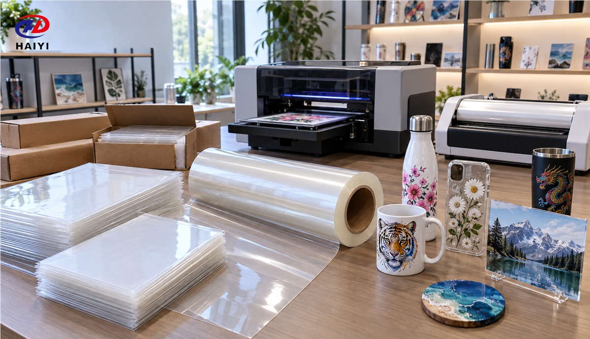 UV DTF film sheets and roll formats beside production equipment