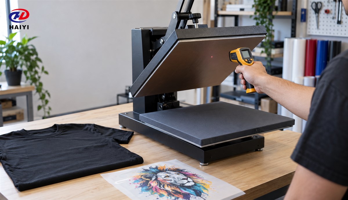 Operator checking the heat press platen with an infrared thermometer