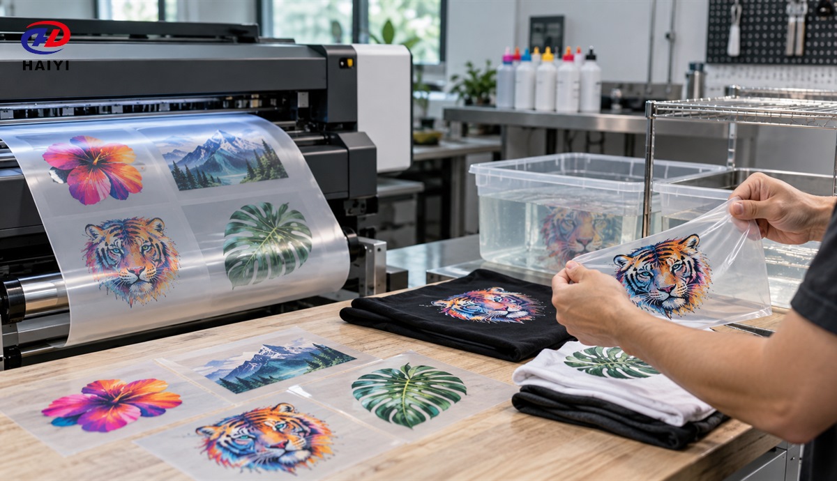 Water-based coated DTF film undergoing print and transfer performance tests
