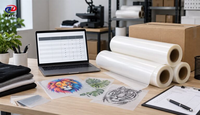 DTF film sourcing desk with rolls samples cartons and comparison sheet