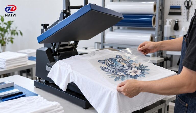 DTF transfer film positioned on a white cotton T-shirt at a heat press