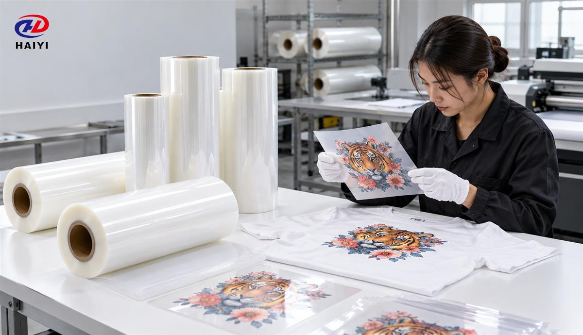 Quality inspection of DTF film rolls and a printed cotton T-shirt sample