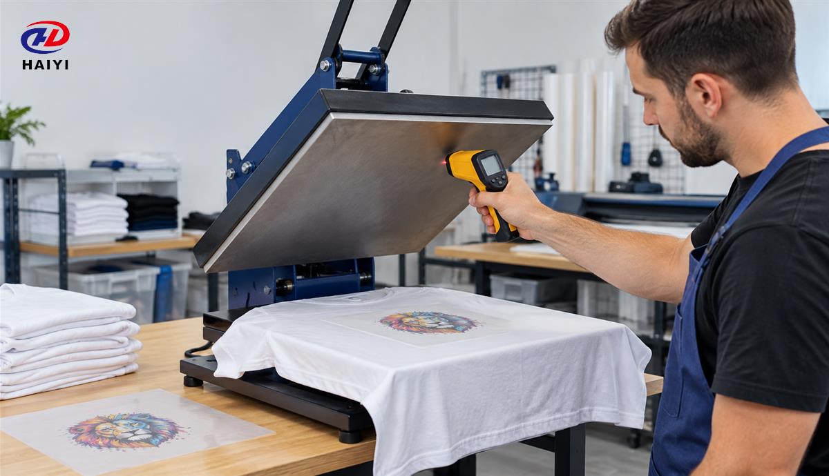Technician checking heat press temperature before applying DTF film to a cotton T-shirt