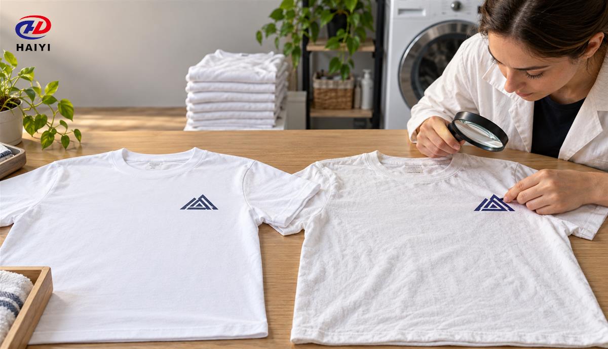 Side-by-side inspection of cotton T-shirts before and after DTF print laundering
